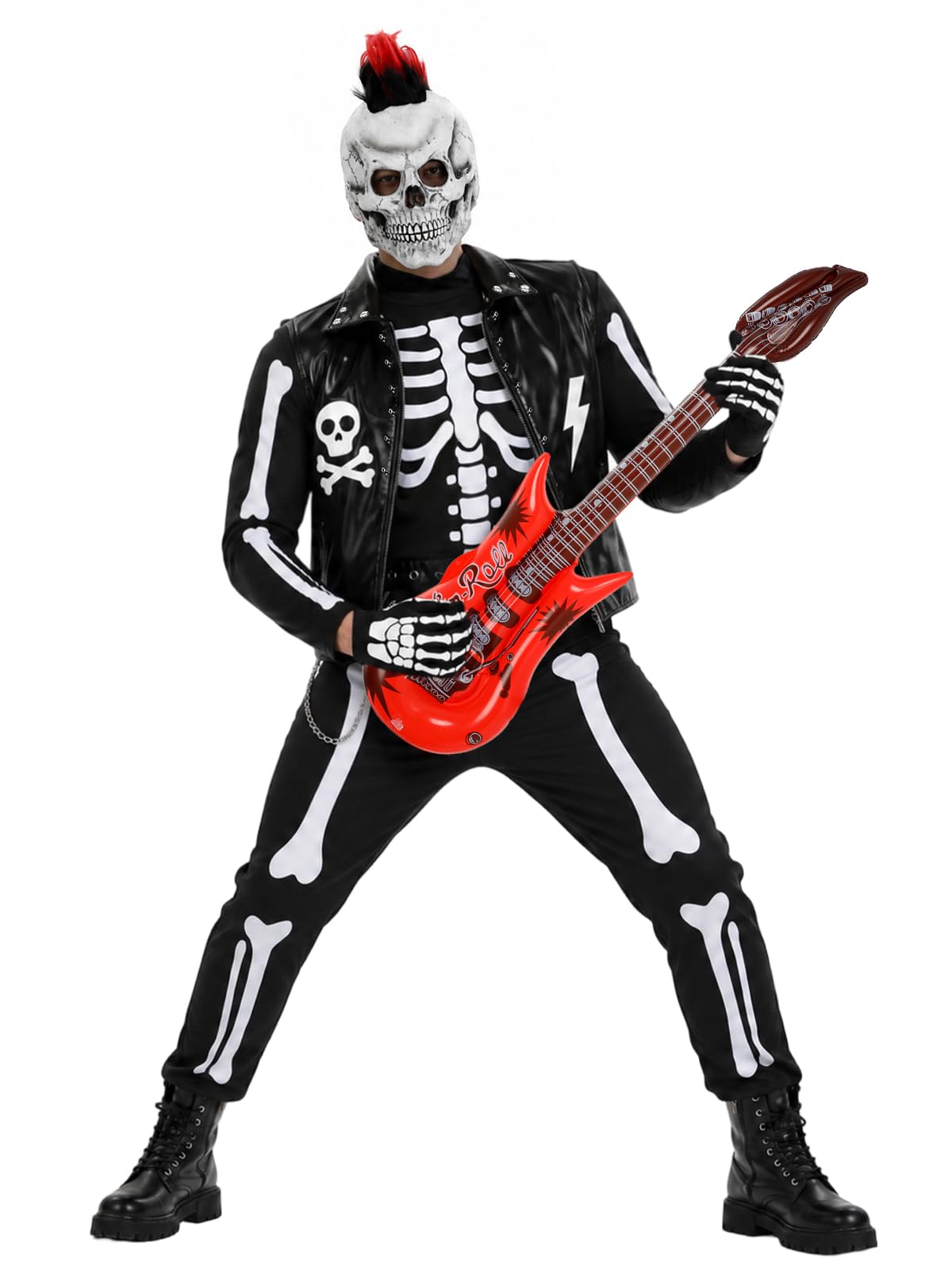 Men's Skeleton Rocker Costume Adult Punk Skull Costume with Accessories for Halloween Cosplay Party