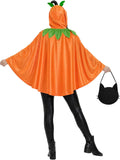 Adult Pumpkin Costume for Women, 2 PCS Jack-O'-Lantern Halloween Hooded Poncho Cape with Spooky Black Cat Tote Bag, Loose Fit Festive Dress Up Outfits