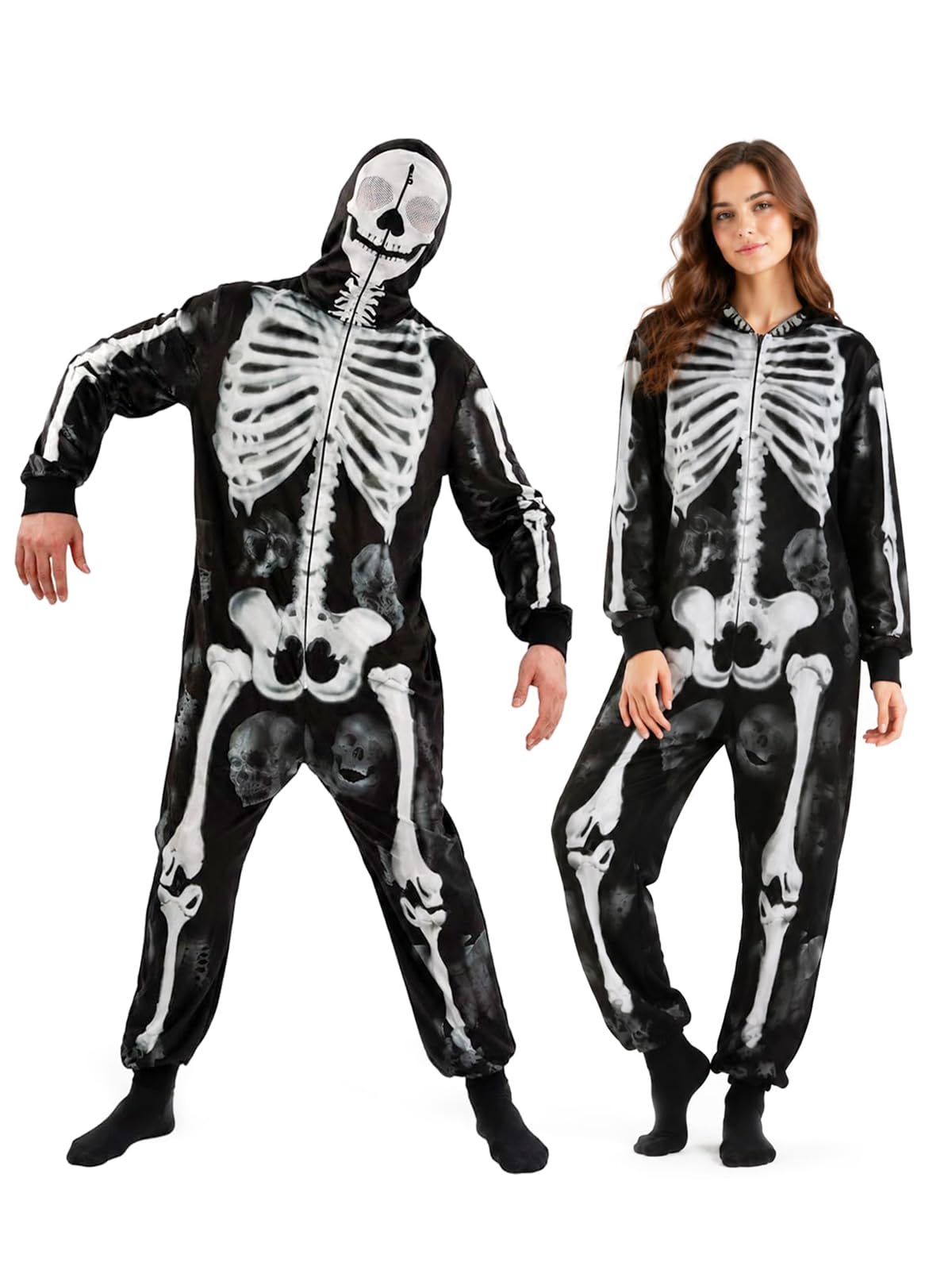 Adult Skeleton Onesie Costume, Hooded Halloween Jumpsuit