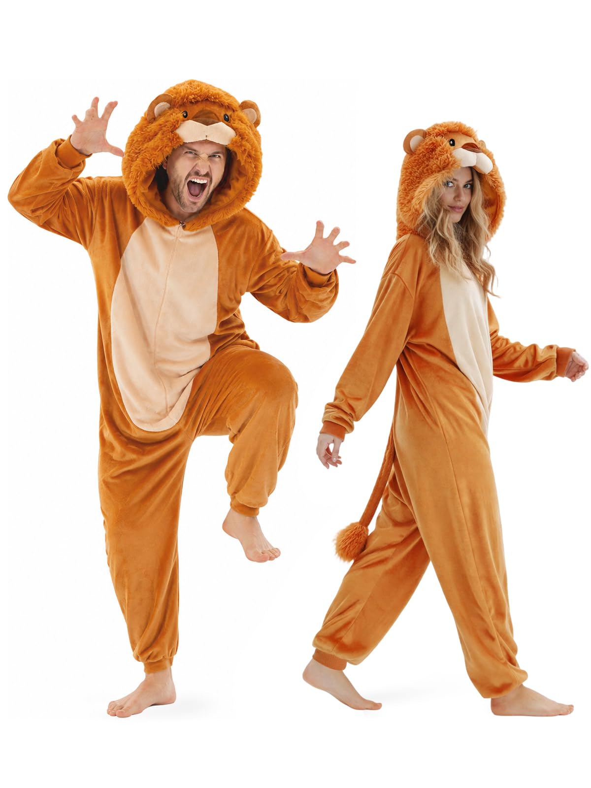 Adult Lion Onesie Costume - 3D Hooded Animal One-Piece Pajama for Halloween Men Women