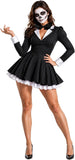 Women's Black Pinstripe Blazer Mini Dress Halloween Costume Set for Gothic Cosplay Party