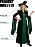 Witches Costumes for Women, 3PCS Gothic Witch Dress | Women witches costumes with pointed hat and glasses, classic black & green wizard professor cosplay gown