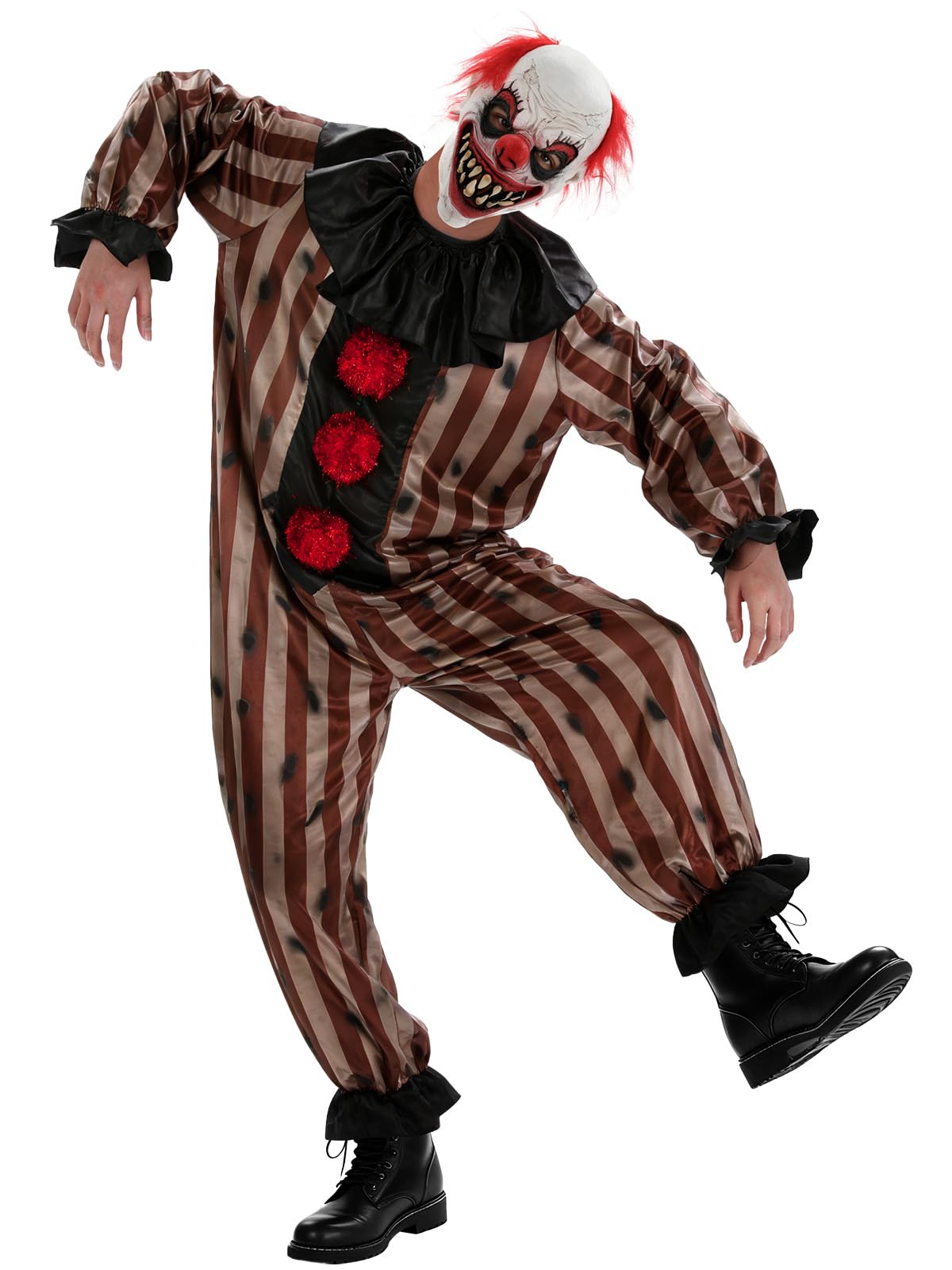 Men's Scary Clown Costume, Vintage Striped Circus Jumpsuit and Mask for Halloween