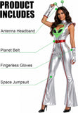 Alien Costume Women, Metallic Silver Space Alien Jumpsuit, Halloween Costumes with Antenna Headband