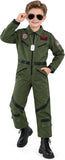 Kids Pilot Costume for Boys, Green Aviator Flight Suit Jumpsuit Halloween Costume with Sunglasses and Dog Tag