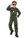 Kids Pilot Costume for Boys, Green Aviator Flight Suit Jumpsuit Halloween Costume with Sunglasses and Dog Tag
