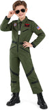 Kids Pilot Costume for Boys, Green Aviator Flight Suit Jumpsuit Halloween Costume with Sunglasses and Dog Tag