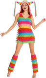 2 PCS Womens Halloween Pinata Costume Rainbow Fringe Dress