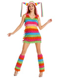2 PCS Womens Halloween Pinata Costume Rainbow Fringe Dress