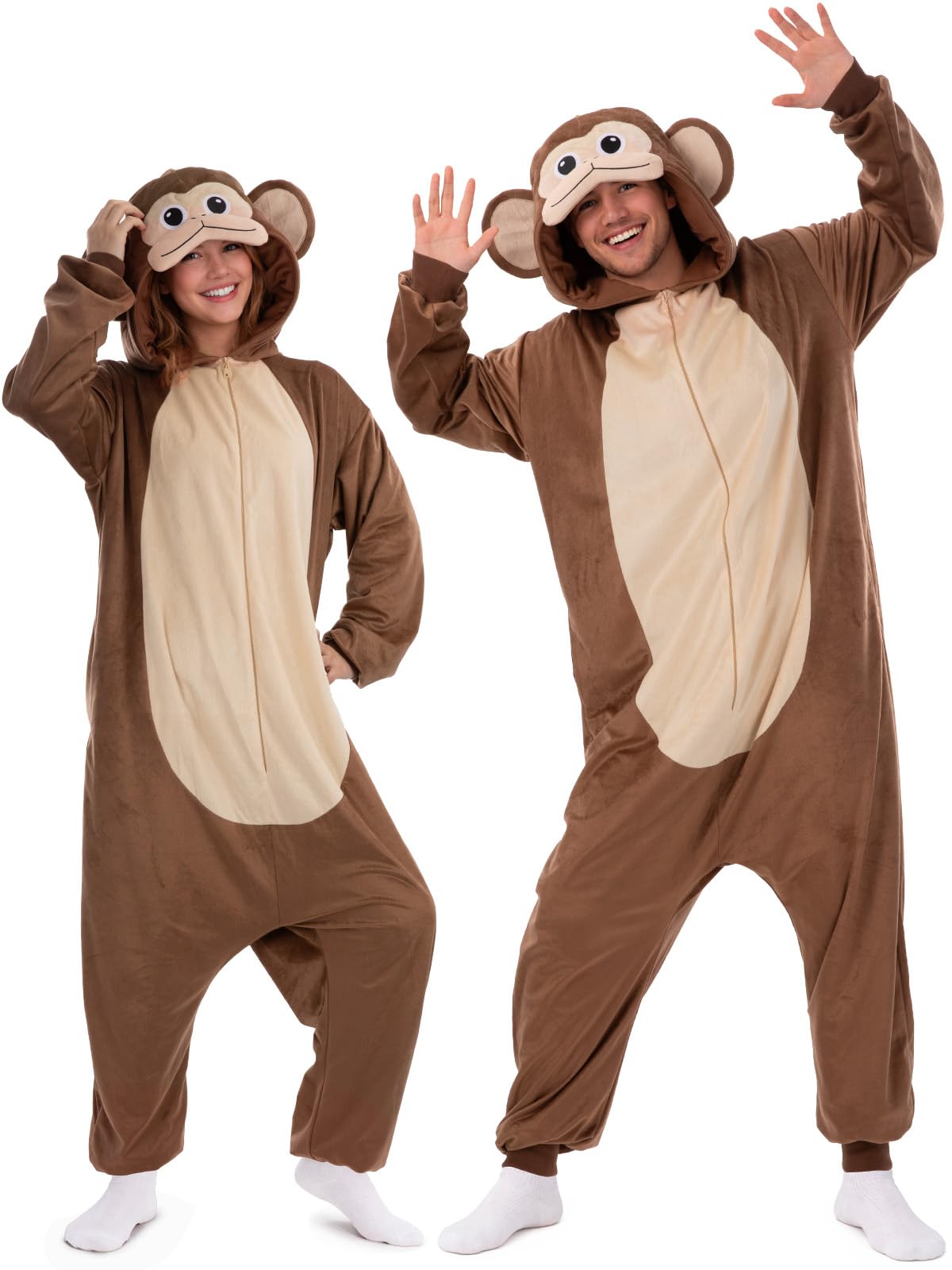 Adult Monkey Onesie Costume - 3D Hooded Animal One-Piece Pajama for Halloween Men Women