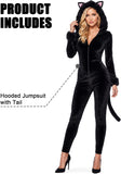 Black Cat Costume for Women, Cat Onesie Adult Sexy Hooded Velvet Jumpsuit Animal Cosplay Bodysuit