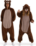 Adult Upgraded Brown Bear Onesie Costume - 3D Hooded Animal One-Piece Pajama for Halloween Men Women