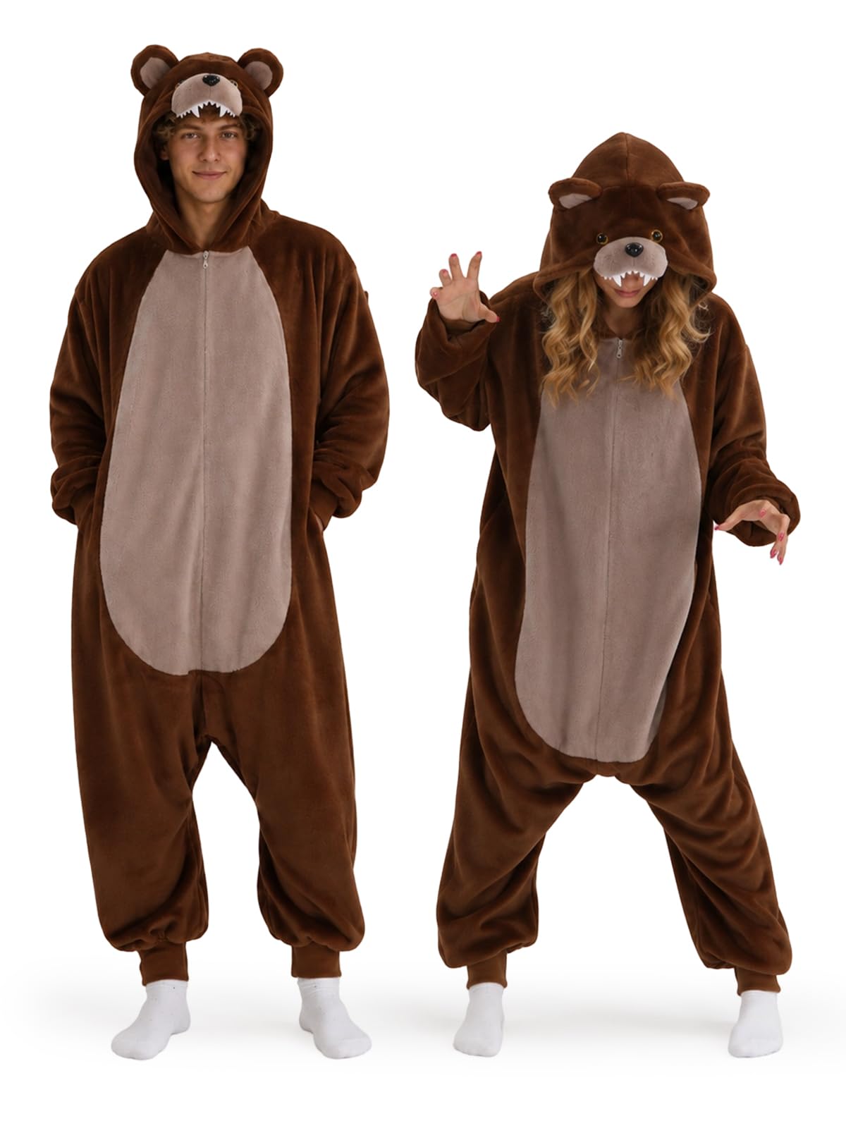 Adult Upgraded Brown Bear Onesie Costume - 3D Hooded Animal One-Piece Pajama for Halloween Men Women