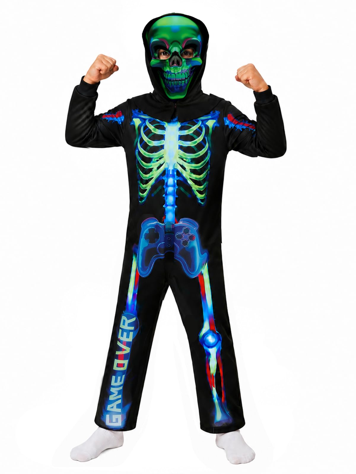 Kids Game Over Skeleton Halloween Costume, Boys Skeleton Hooded Jumpsuit Outfit with Mask