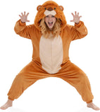 Adult Lion Onesie Costume - 3D Hooded Animal One-Piece Pajama for Halloween Men Women