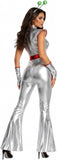 Alien Costume Women, Metallic Silver Space Alien Jumpsuit, Halloween Costumes with Antenna Headband