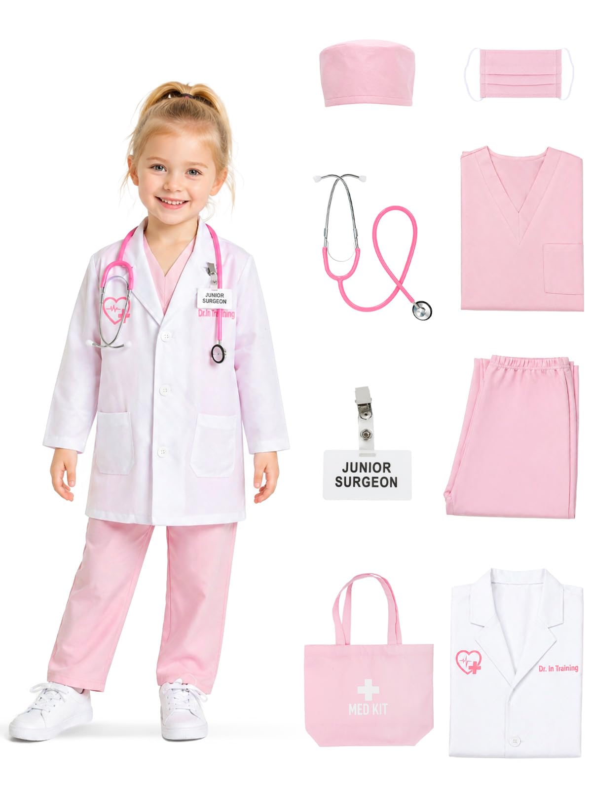 Kids Doctor Costume for Halloween – Medical Scrubs Dress Up Outfit with Lab Coat and Surgical Cap
