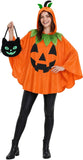 Adult Pumpkin Costume for Women, 2 PCS Jack-O'-Lantern Halloween Hooded Poncho Cape with Spooky Black Cat Tote Bag, Loose Fit Festive Dress Up Outfits