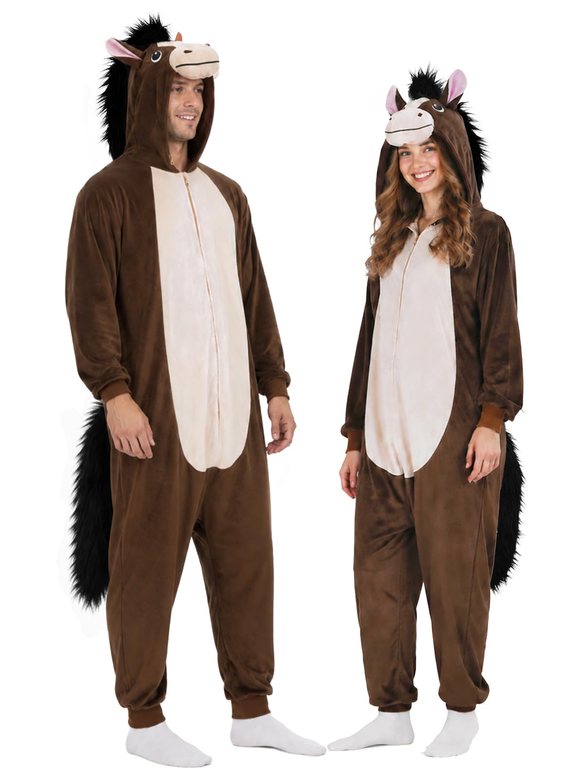 Adult Brown Horse Onesie Costume - 3D Hooded Animal One-Piece Pajama for Halloween Men Women