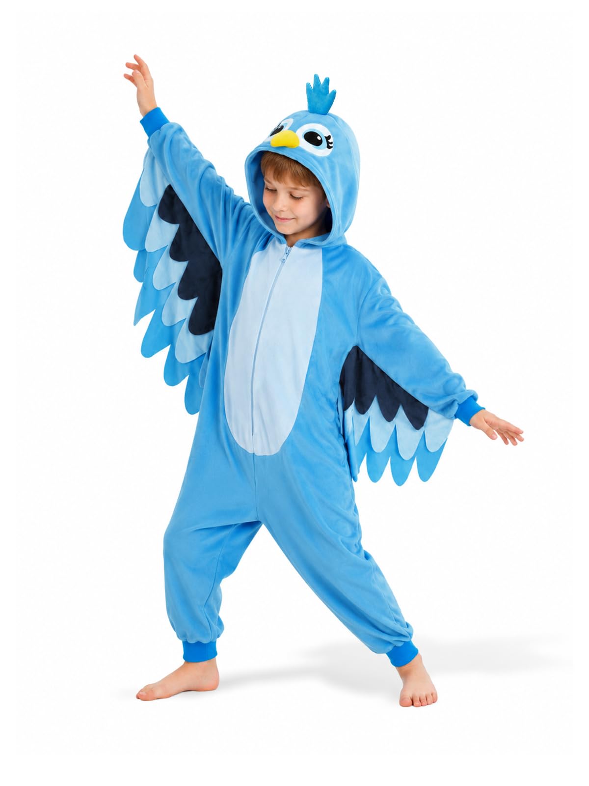 Tropical Blue Bird Costume for Kids - 3D Hooded Animal Jumpsuit for Halloween Party