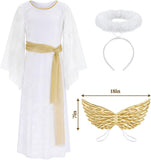 4 PCS Girls White Angel Costume Gold Wings Dress Halo Outfit