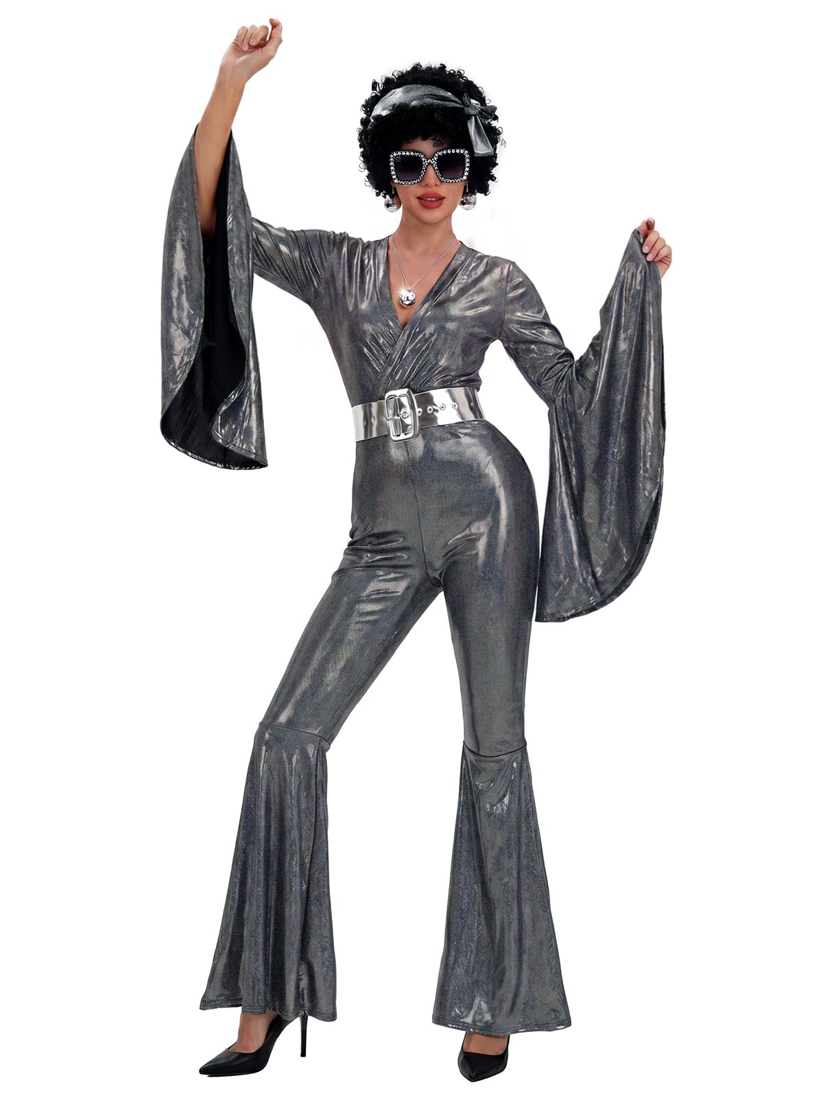 7 PCS Womens Metallic Disco Costume Set with Jumpsuit