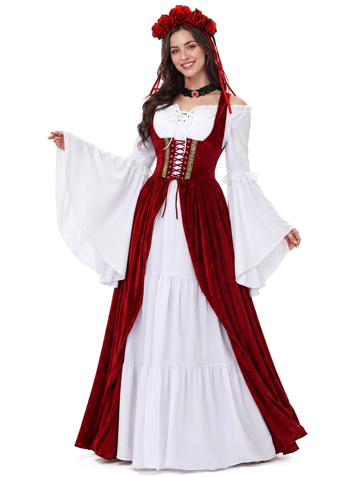 Renaissance Festival Costumes for Women, 4 PCS Medieval Dress Set