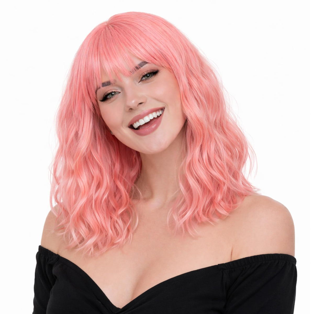 Short Pink Bob Wavy Wig with Bangs for Women