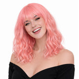 Short Pink Bob Wavy Wig with Bangs for Women