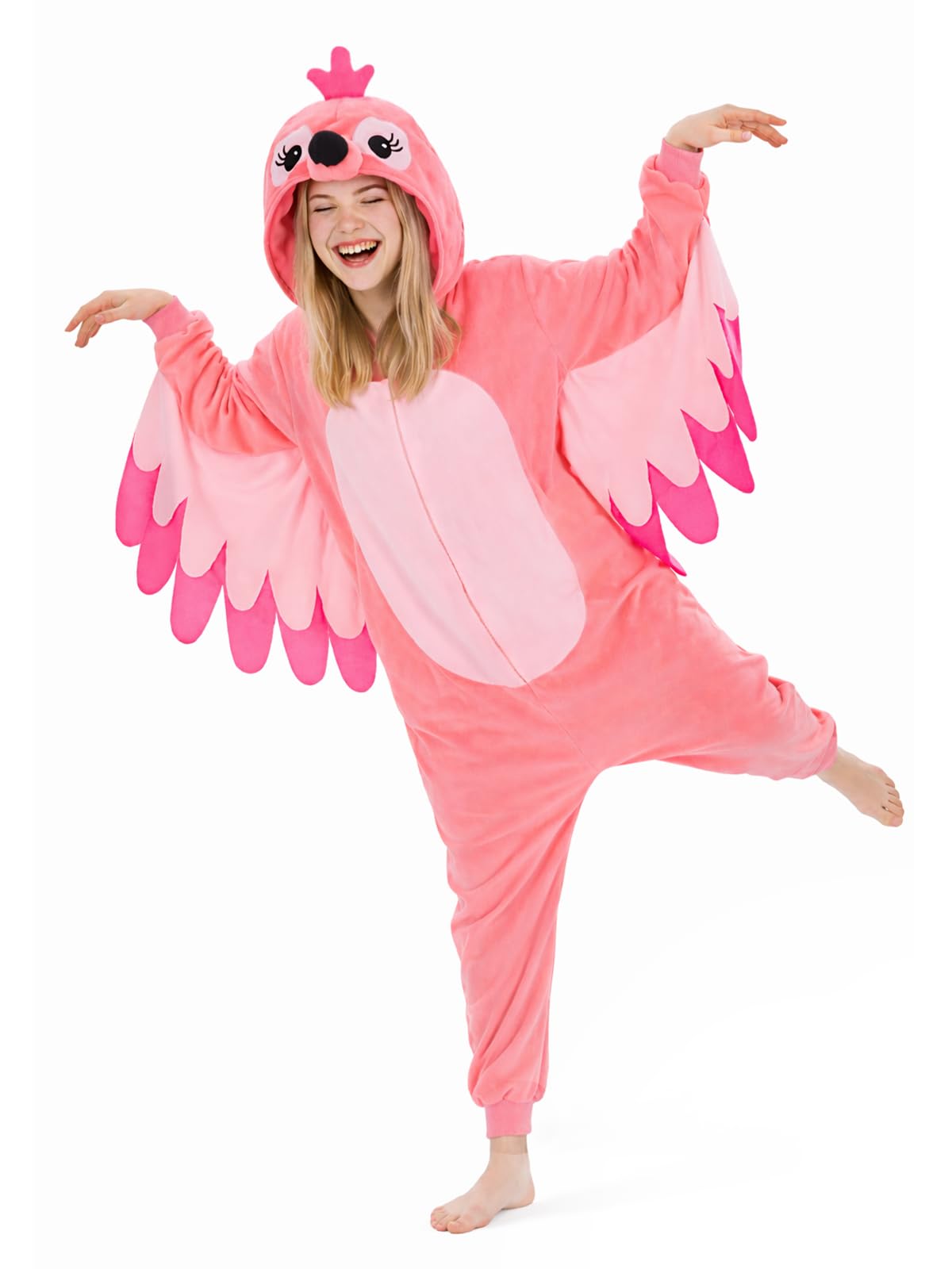 Adult Flamingo Onesie Costume - 3D Hooded Animal One-Piece Pajama for Halloween Men Women
