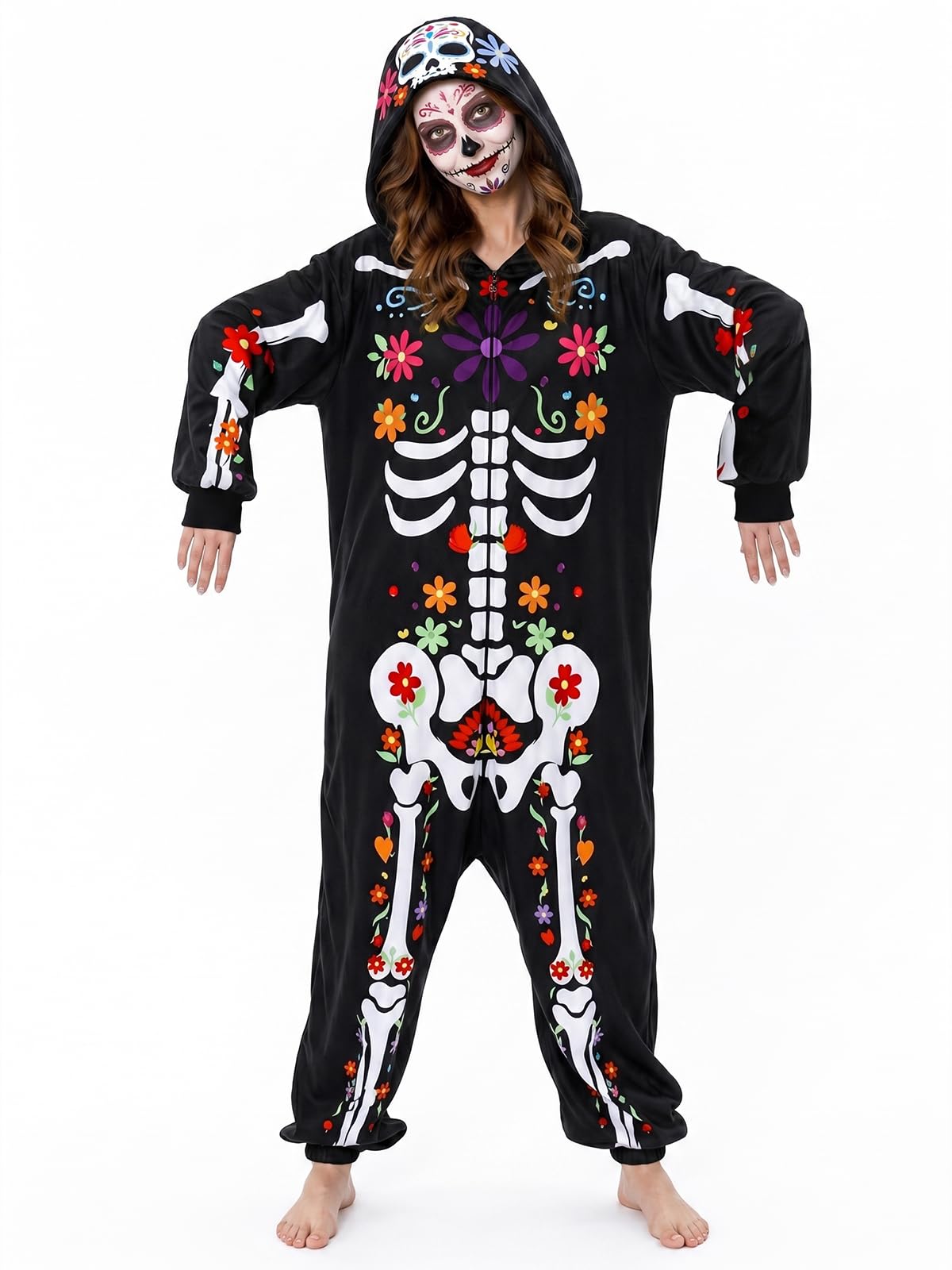 Adult Floral Skeleton Onesie Costume - One-Piece Pajama for Halloween Women