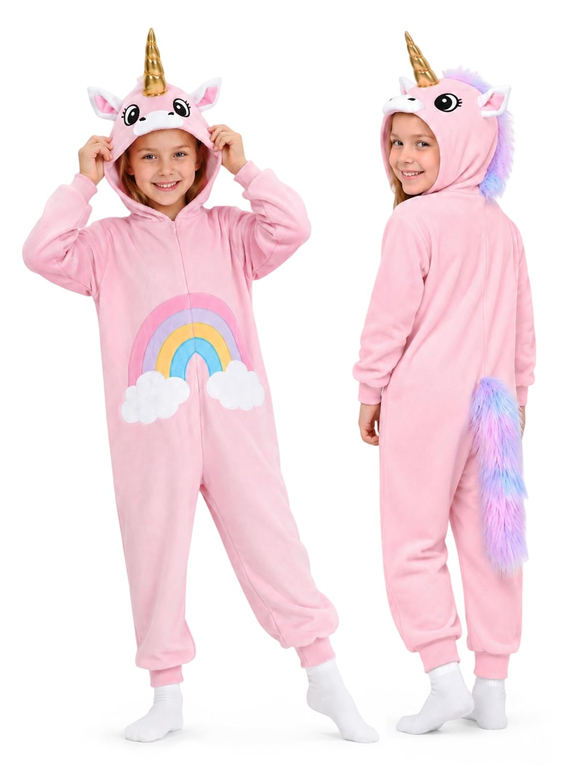 Kids Pink Unicorn Costume for Girls & Boys - 3D Hooded Animal Jumpsuit for Halloween Party