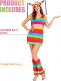 2 PCS Womens Halloween Pinata Costume Rainbow Fringe Dress