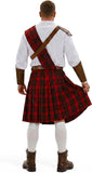 Men’s Scottish Warrior Costume, Medieval Tartan Kilt Outfit with Belt and Arm Guards for Halloween Cosplay