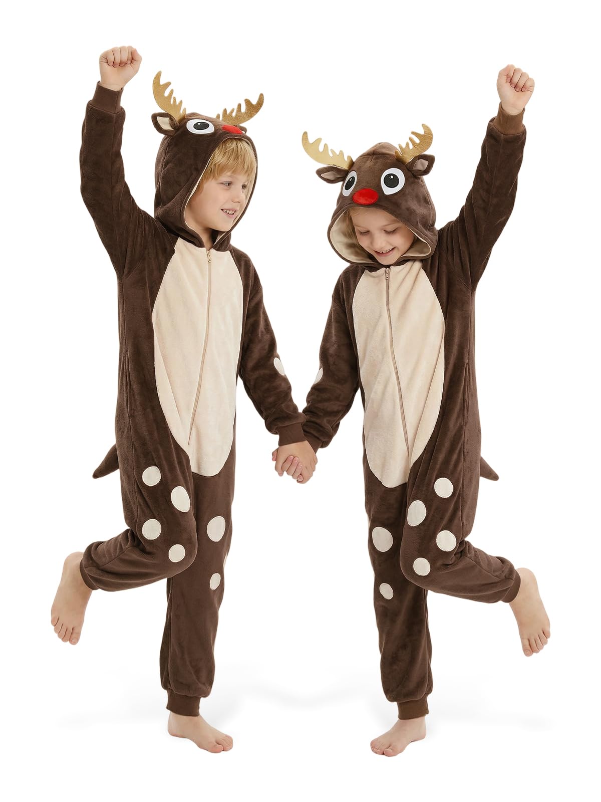 Kids Reindeer Costume for Girls & Boys - 3D Hooded Animal Jumpsuit Costume for Halloween & Christmas Party