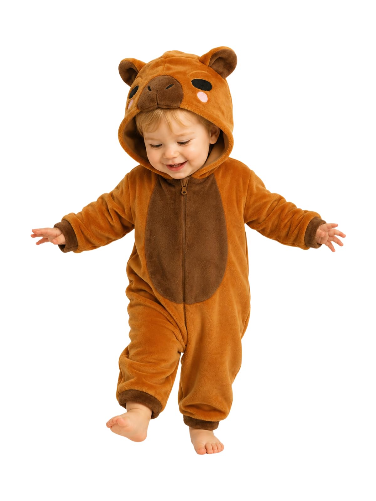 Toddler Brown Capybara Costume for Halloween with 3D Hood and Elastic Cuffs