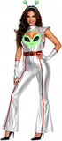 Alien Costume Women, Metallic Silver Space Alien Jumpsuit, Halloween Costumes with Antenna Headband