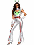 Alien Costume Women, Metallic Silver Space Alien Jumpsuit, Halloween Costumes with Antenna Headband