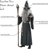 Adult Wizard Costume Set for Men 5 Pcs Gray Sorcerer Outfit with Robe Hat Wig Beard and Waist Rope for Halloween