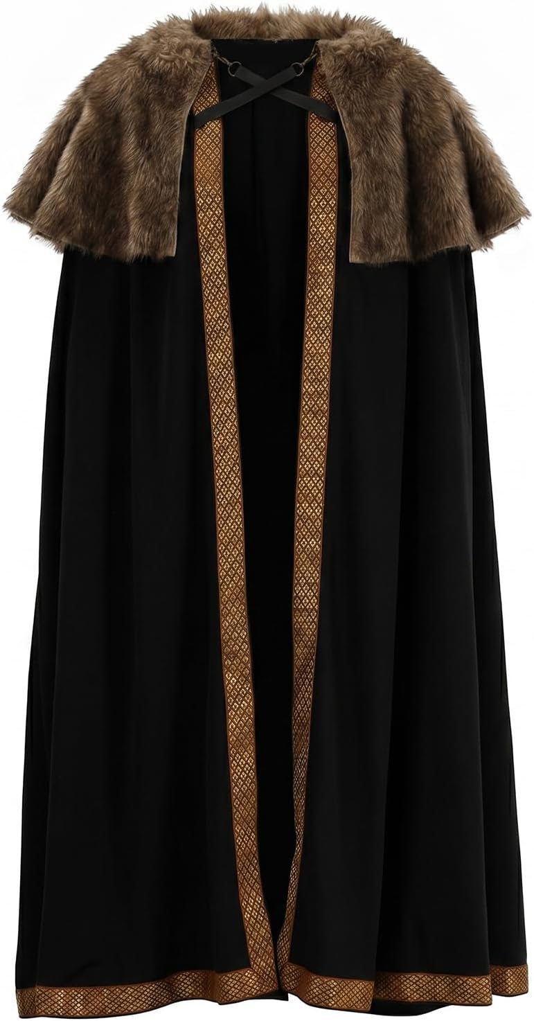 Viking Fur Cloak for Adults, Black Cape with Shoulder Trim