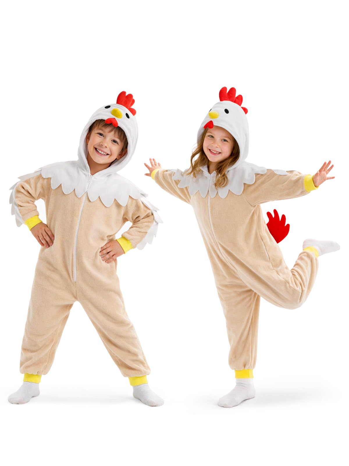 Kids Chicken Costume for Girls & Boys - 3D Hooded Rooster Jumpsuit Costume for Halloween Party