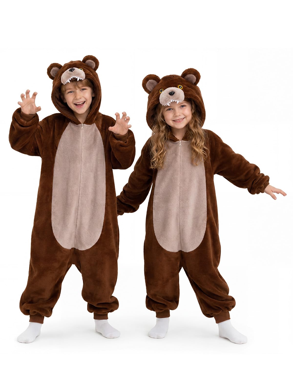 Kids Brown Bear Costume for Girls & Boys - 3D Hooded Animal Jumpsuit for Halloween Party