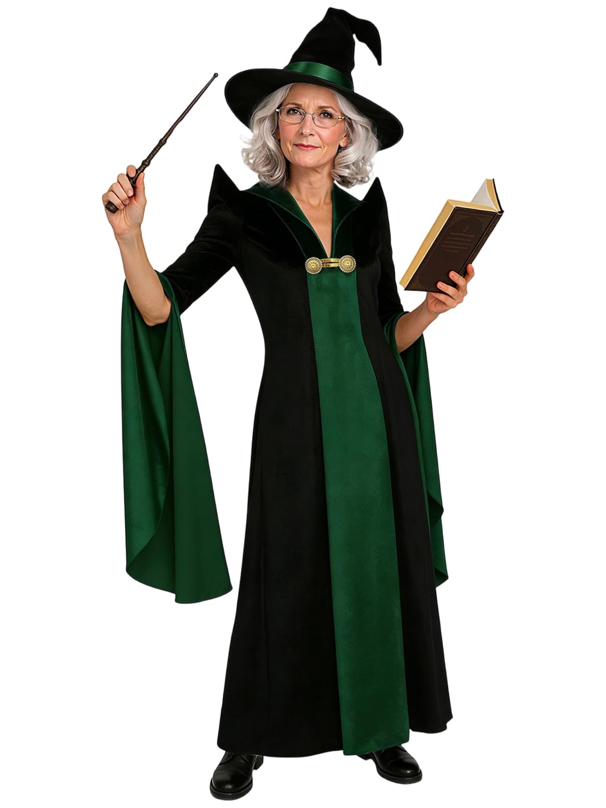 Witches Costumes for Women, 3PCS Gothic Witch Dress | Women witches costumes with pointed hat and glasses, classic black & green wizard professor cosplay gown