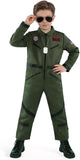 Kids Pilot Costume for Boys, Green Aviator Flight Suit Jumpsuit Halloween Costume with Sunglasses and Dog Tag