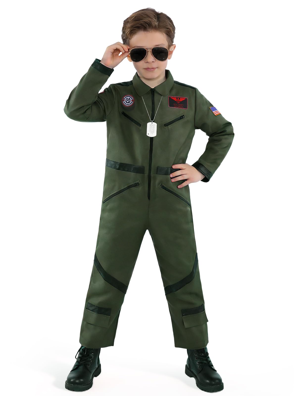 Kids Pilot Costume for Boys, Green Aviator Flight Suit Jumpsuit Halloween Costume with Sunglasses and Dog Tag