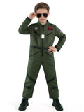 Kids Pilot Costume for Boys, Green Aviator Flight Suit Jumpsuit Halloween Costume with Sunglasses and Dog Tag