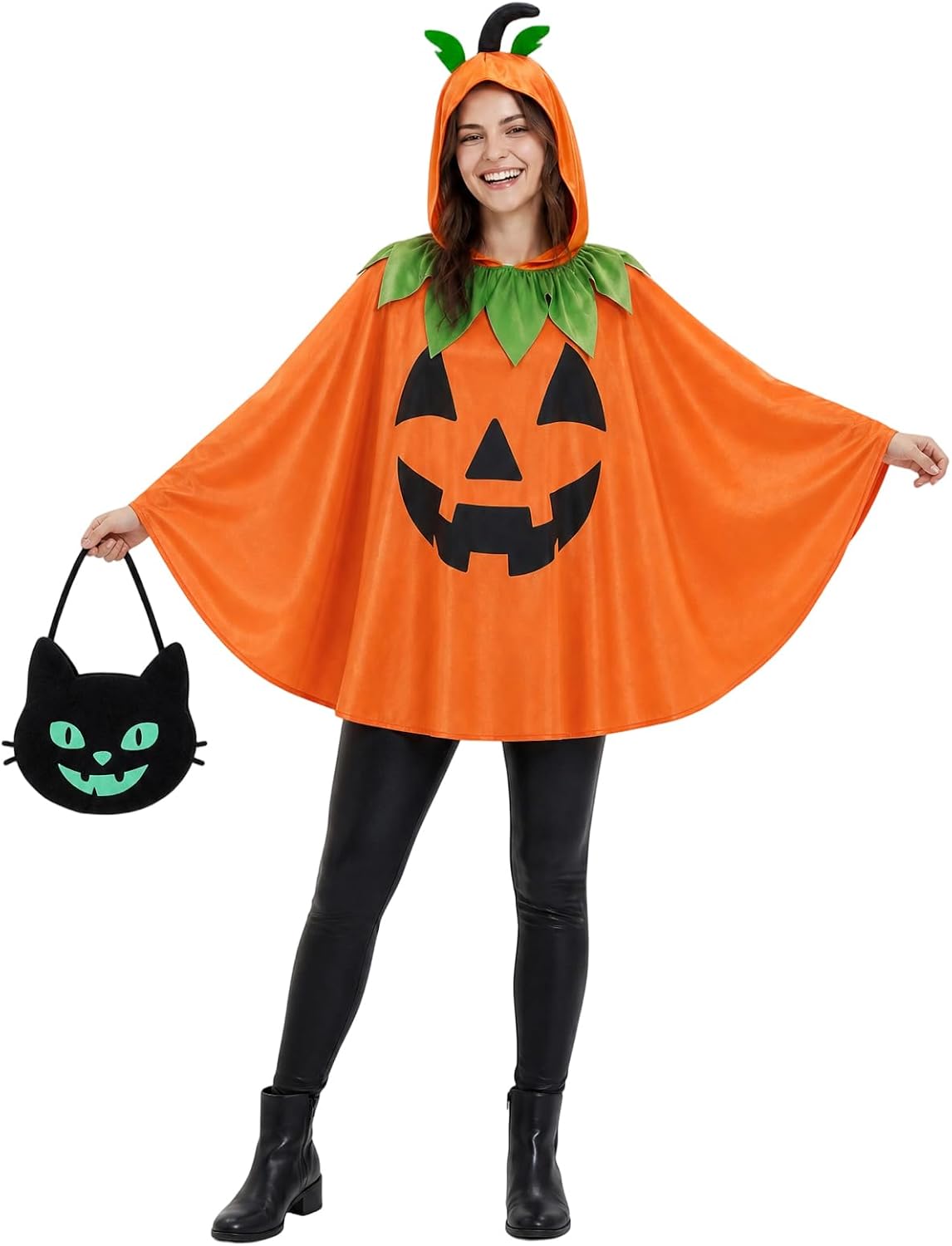 Adult Pumpkin Costume for Women, 2 PCS Jack-O'-Lantern Halloween Hooded Poncho Cape with Spooky Black Cat Tote Bag, Loose Fit Festive Dress Up Outfits