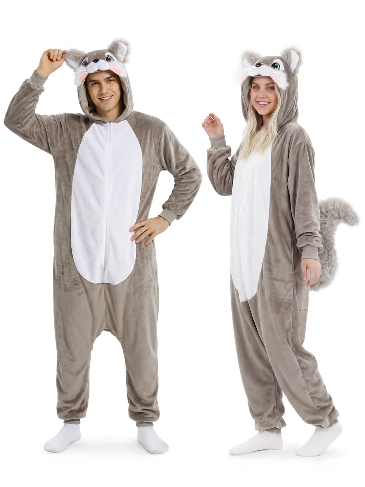 Adult Gray Squirrel Onesie Costume - 3D Hooded Animal One-Piece Pajama for Halloween Men Women