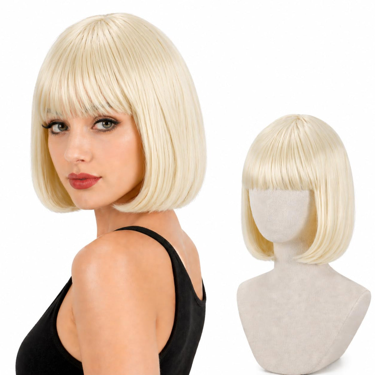 Short Blonde Bob Inward Curl Wig with Bangs for Women