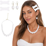 Bone Hair Clips with White Bead Necklace and Earrings Set